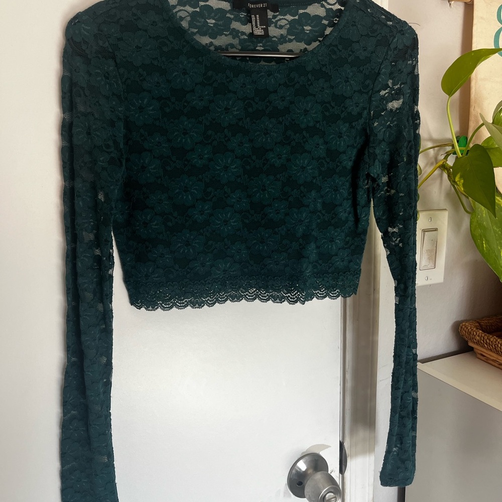 Lace Long Sleeve Crop Top - Green